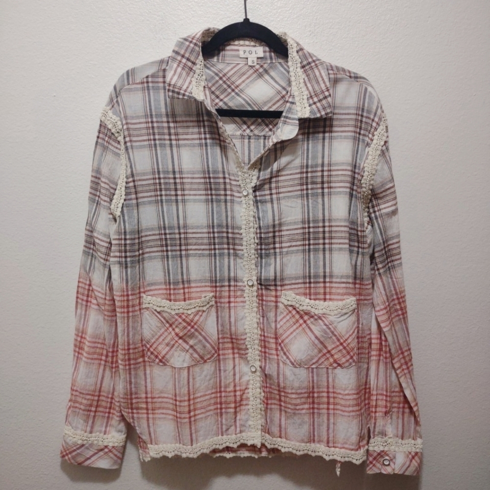 POL Plaid Red & Brown Button Down Shirt S